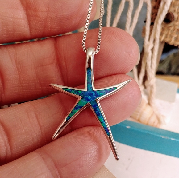 Starfish Blue Fire Opal Pendant Necklace - Picture 3 of 5